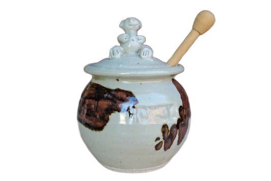 Ceramic Handmade Honey Pot with Bear Finial on Lid