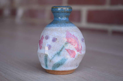 Small Stoneware Bud Vase with Pink Painted Flowers
