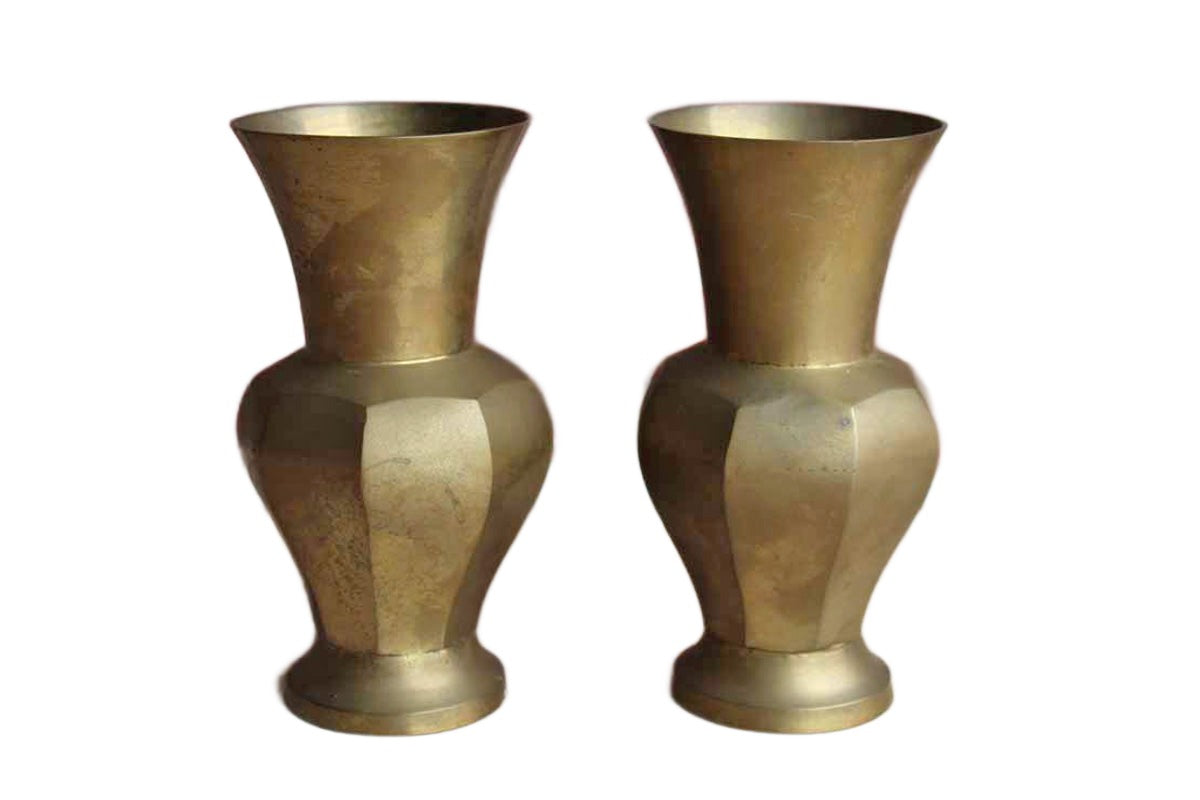 Aged Brass Flower Vases, A Pair