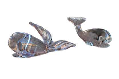 Clear Solid Glass Whale Paperweights, A Pair