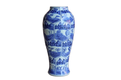 Slender Blue and White Ceramic Vase with Landscape and Town Scenes