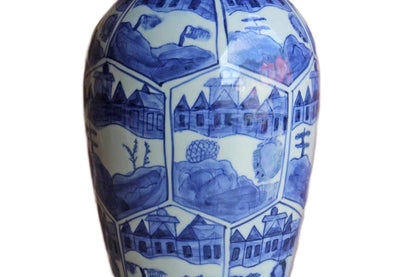 Slender Blue and White Ceramic Vase with Landscape and Town Scenes