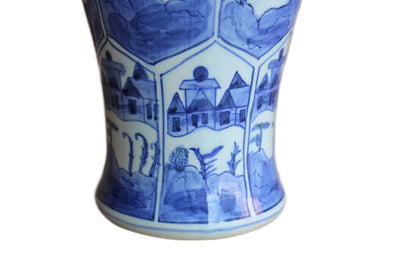 Slender Blue and White Ceramic Vase with Landscape and Town Scenes