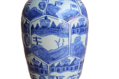 Slender Blue and White Ceramic Vase with Landscape and Town Scenes