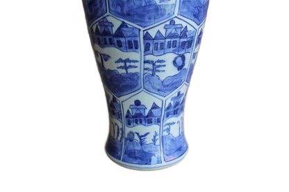 Slender Blue and White Ceramic Vase with Landscape and Town Scenes