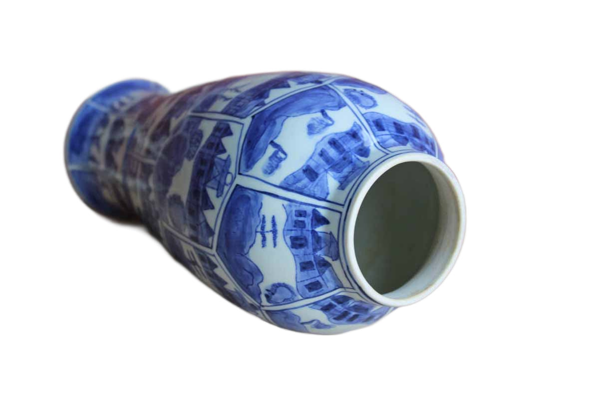 Slender Blue and White Ceramic Vase with Landscape and Town Scenes