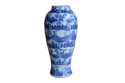 Slender Blue and White Ceramic Vase with Landscape and Town Scenes