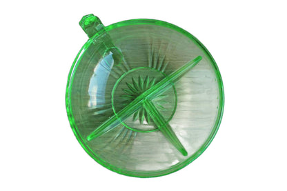 Green Vaseline Glass Divided Dish with Thumb Handle