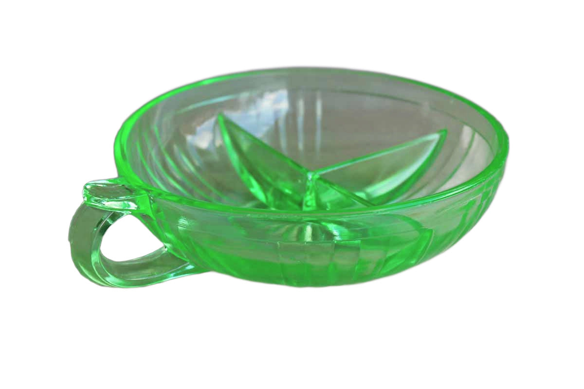 Green Vaseline Glass Divided Dish with Thumb Handle