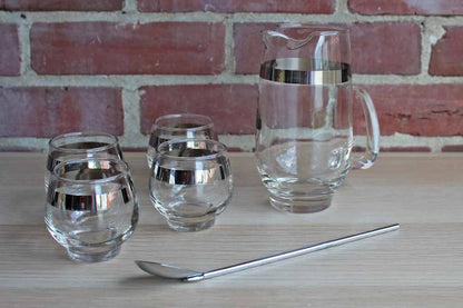 Libbey Glass (Ohio, USA) Pitcher, Stir Spoon and Four Roly Poly Glasses Cocktail Set