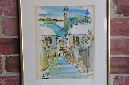 Original Watercolor of a Town and Water Scene, Signed