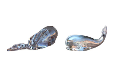 Clear Solid Glass Whale Paperweights, A Pair