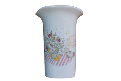 Glossy White Ceramic Vase with Image of a Cat Swatting at a Flower Bouquet