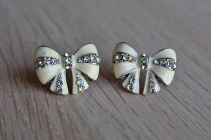 Enamel and Silver Rhinestone Bow-Shaped Pierced Earrings