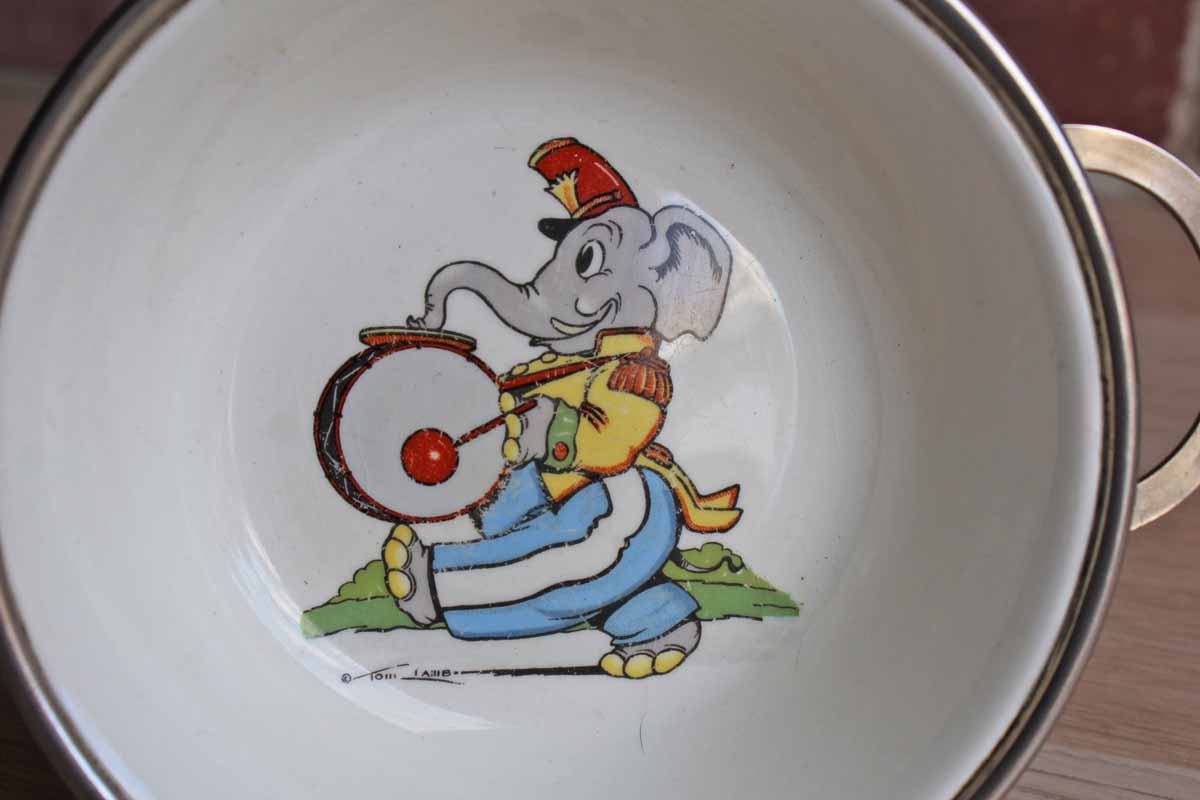 Metal and Porcelain Child's Warming Dish with Elephant Drummer Decoration
