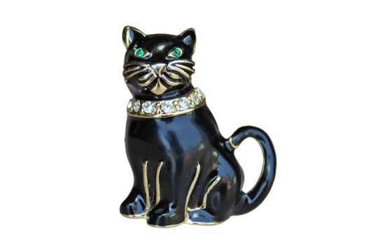 Monet (New York, USA) Black Cat Brooch with Green Eyes and Rhinestone Collar