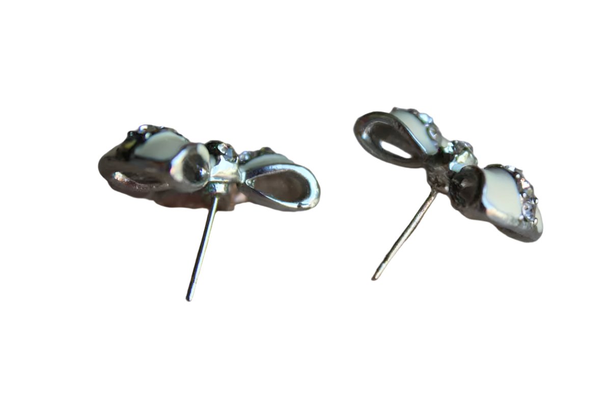 Enamel and Silver Rhinestone Bow-Shaped Pierced Earrings