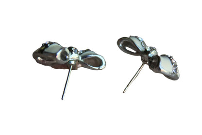 Enamel and Silver Rhinestone Bow-Shaped Pierced Earrings
