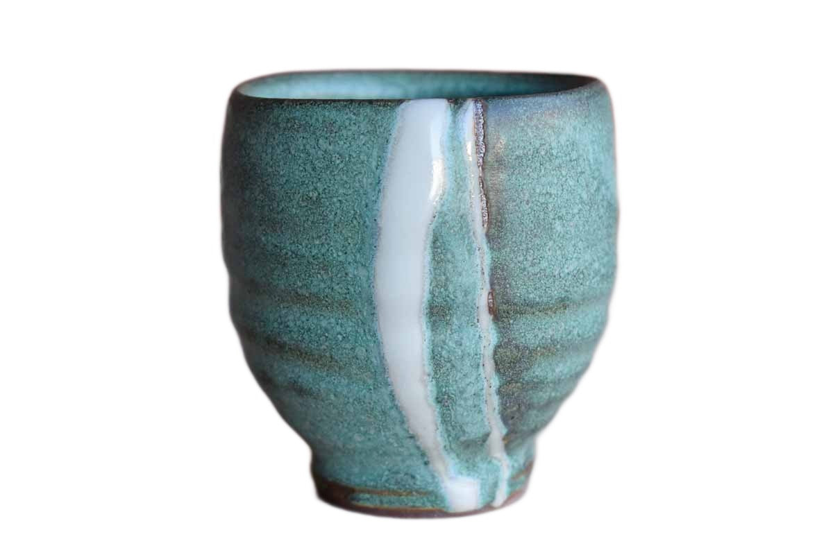 Small Green Stoneware Cup with Glossy White Stripes