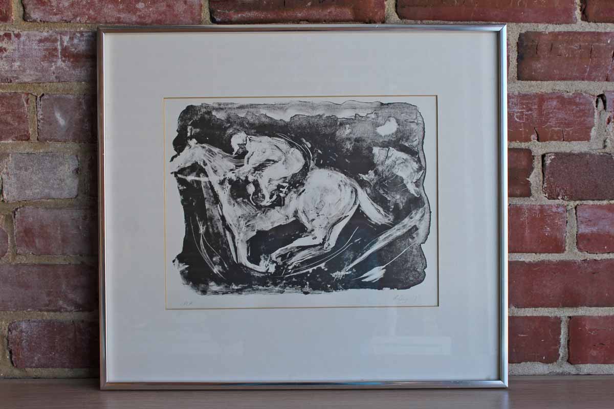 Framed and Signed Artist's Proof of a Jockey on Horse by R. Lury 1979