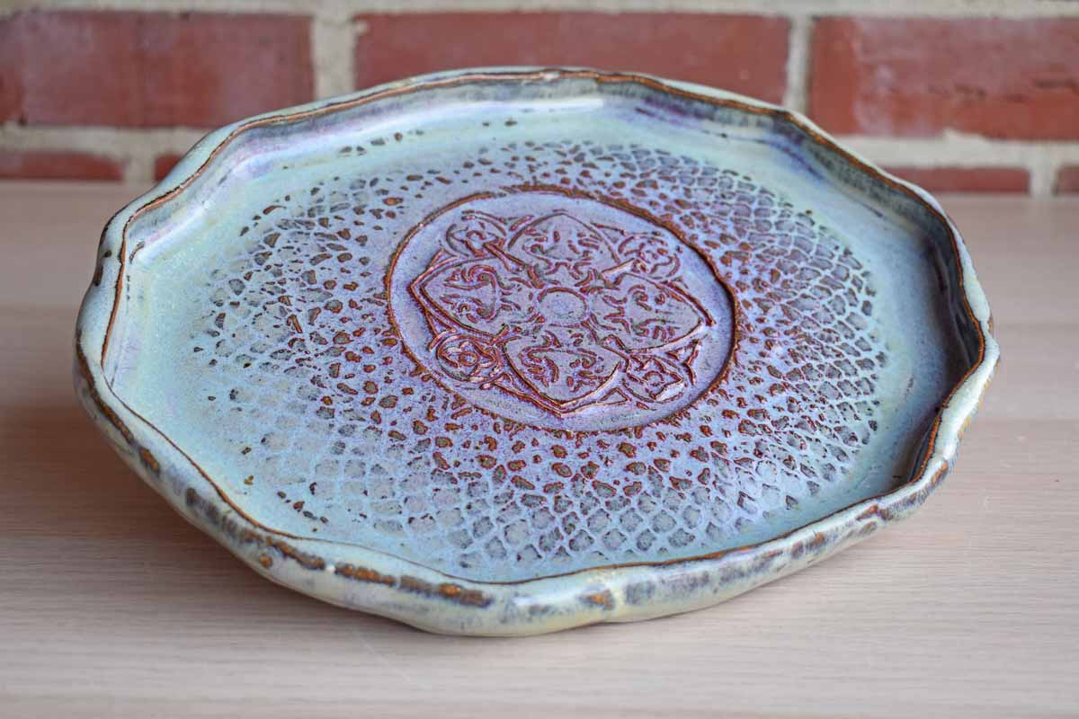 Purple and Green Oval Stoneware Tray with Embossed Floral Pattern