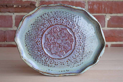 Purple and Green Oval Stoneware Tray with Embossed Floral Pattern