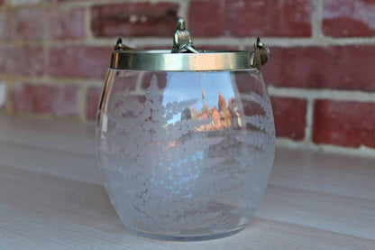 Biscuit Jar with Etched Glass and Brass Lid with Sitting Man Finial