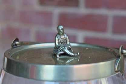Biscuit Jar with Etched Glass and Brass Lid with Sitting Man Finial