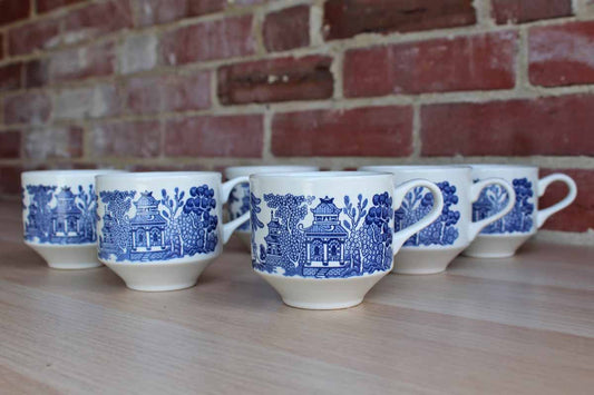 Churchill (England) Porcelain Blue Willow Coffee Cups, 6 Pieces