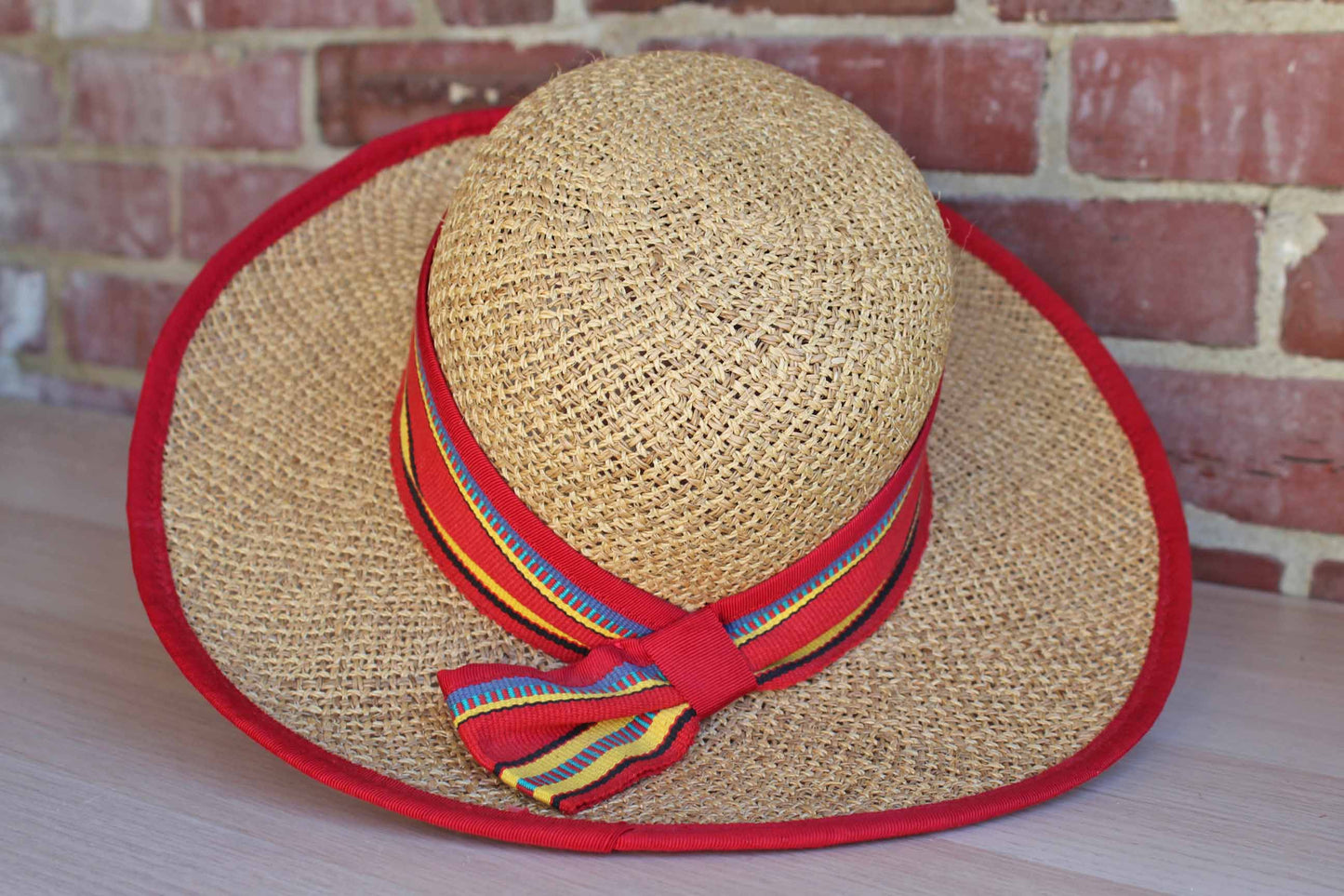Liz Claiborne (New York, USA) Wide-Brimmed Straw Hat with Colorful Fabric Accents
