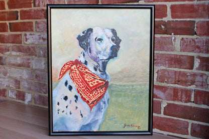 Original Framed and Signed Oil Painting of a Dalmatian Wearing a Red Bandana by Joan Promin, 1987