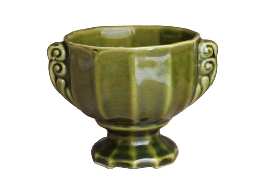 Avocado Green Ceramic Pedestal Planter with Decorative Handles