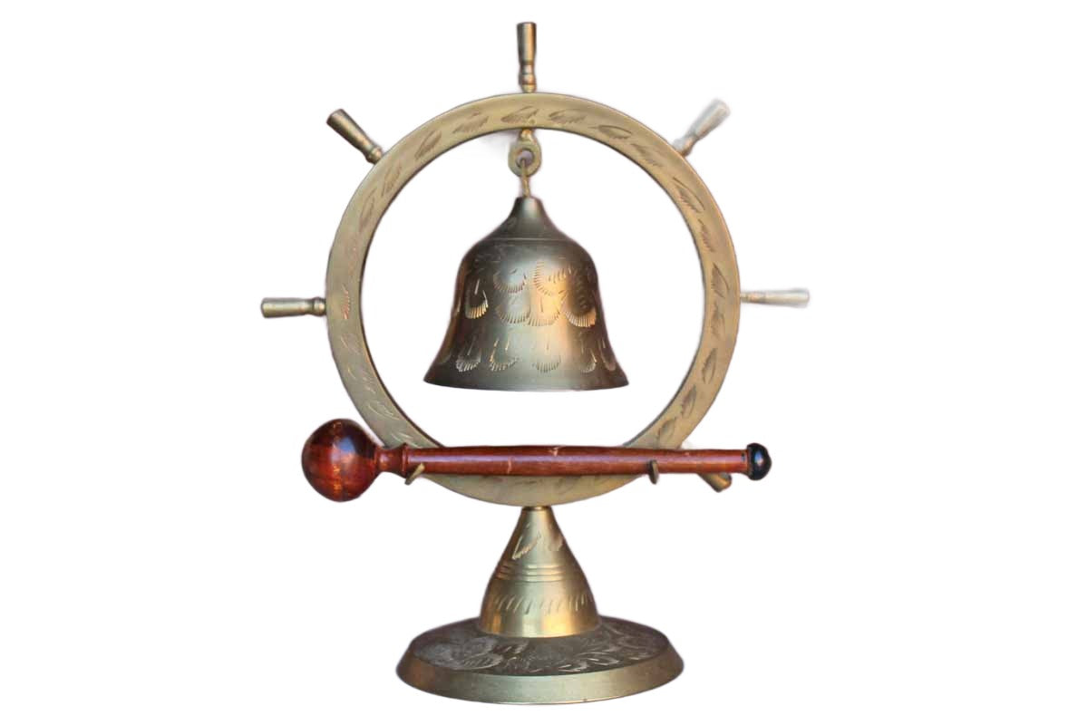 Ship's Wheel Brass Bell with Wooden Stick