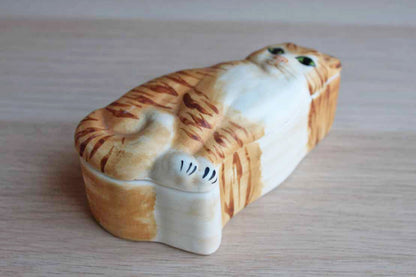 Carol Halmy Porcelain Tabby Cat Shaped Trinket Box