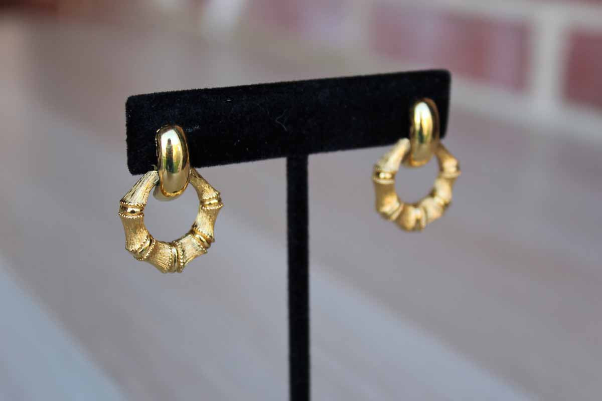Gold Tone Faux Bamboo Pierced Drop Earrings with Smooth Gold Hinged Detail