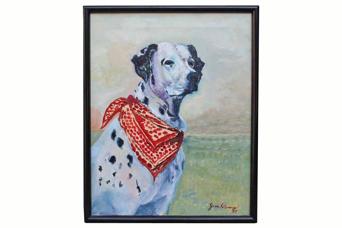 Original Framed and Signed Oil Painting of a Dalmatian Wearing a Red Bandana by Joan Promin, 1987