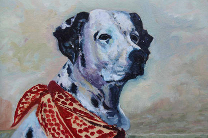 Original Framed and Signed Oil Painting of a Dalmatian Wearing a Red Bandana by Joan Promin, 1987
