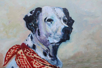 Original Framed and Signed Oil Painting of a Dalmatian Wearing a Red Bandana by Joan Promin, 1987