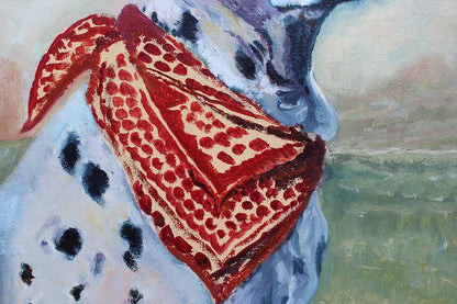 Original Framed and Signed Oil Painting of a Dalmatian Wearing a Red Bandana by Joan Promin, 1987
