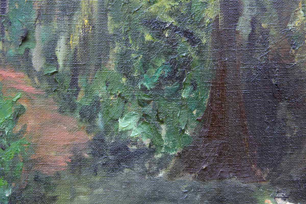 Original Oil Painting Depicting Men in a Dark Bayou with Tall Trees, Signed by C. Rosen