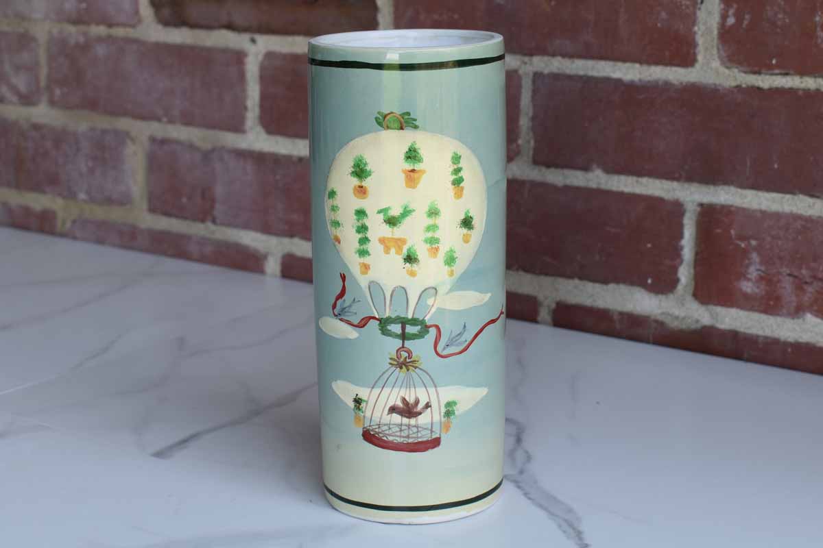 Sarah Akin-Smith Cylindrical Vase with Hand Painted Birds and Balloons