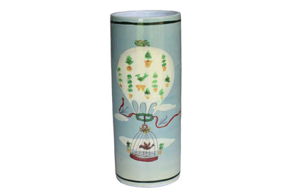 Sarah Akin-Smith Cylindrical Vase with Hand Painted Birds and Balloons