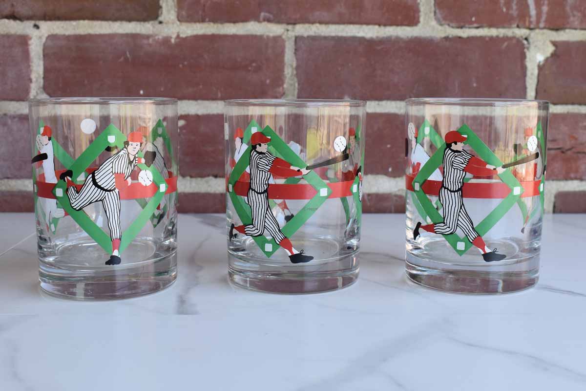 Three Cocktail Glasses with Baseball Players