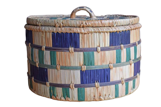 Round Lidded Basket with Purple and Green Accents