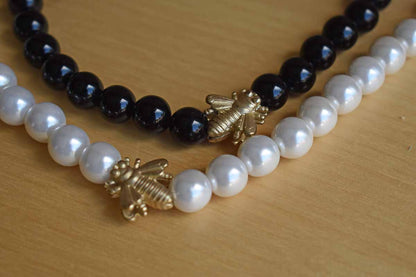 Long Faux Pearl and Black Bead Necklace with Gold Bees