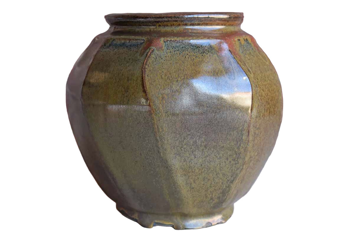 Large Heavy Stoneware Vase with Shimmery Dark Green and Ochre Glazes