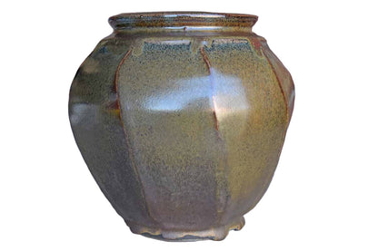 Large Heavy Stoneware Vase with Shimmery Dark Green and Ochre Glazes