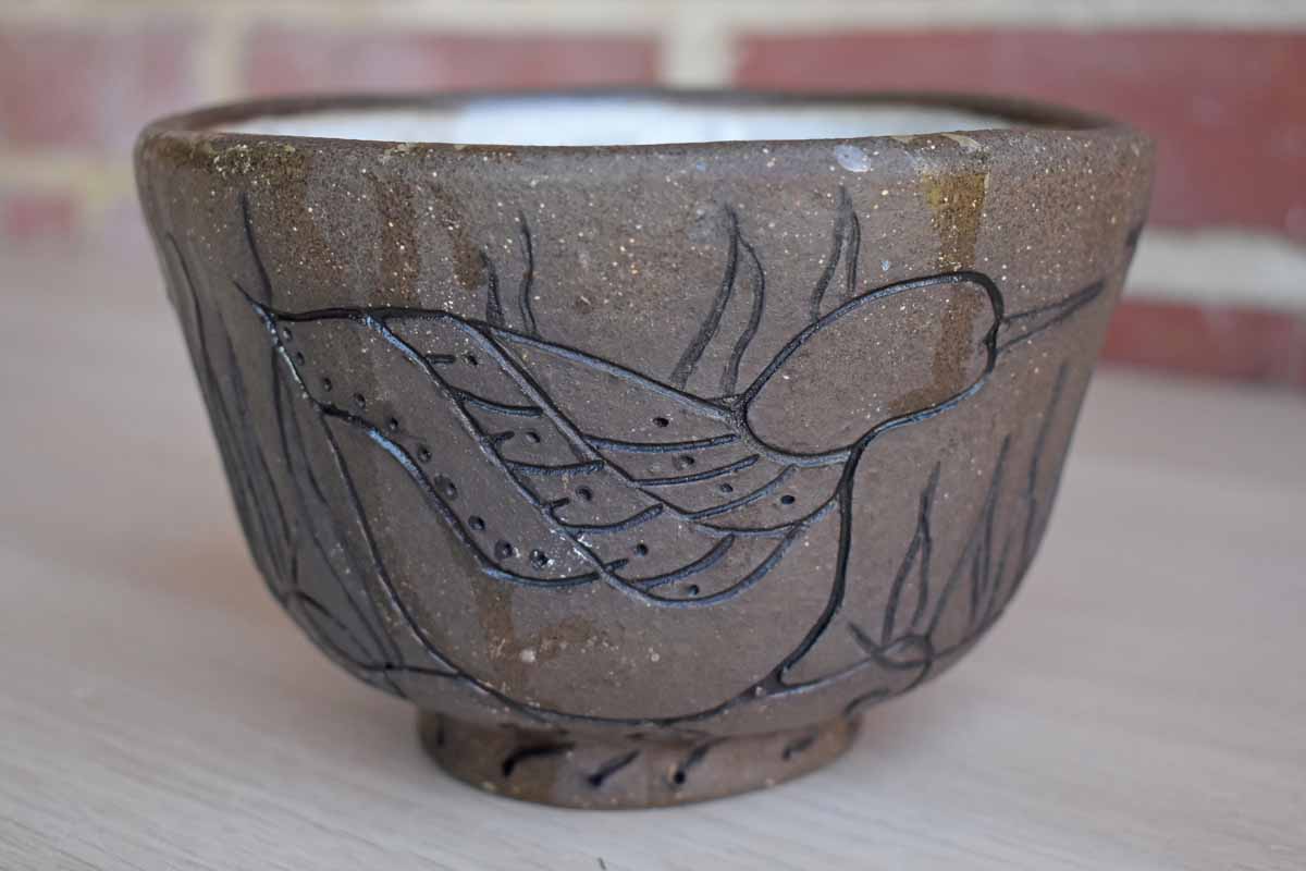 Stoneware Bowl with Primitive Incised Bird Designs