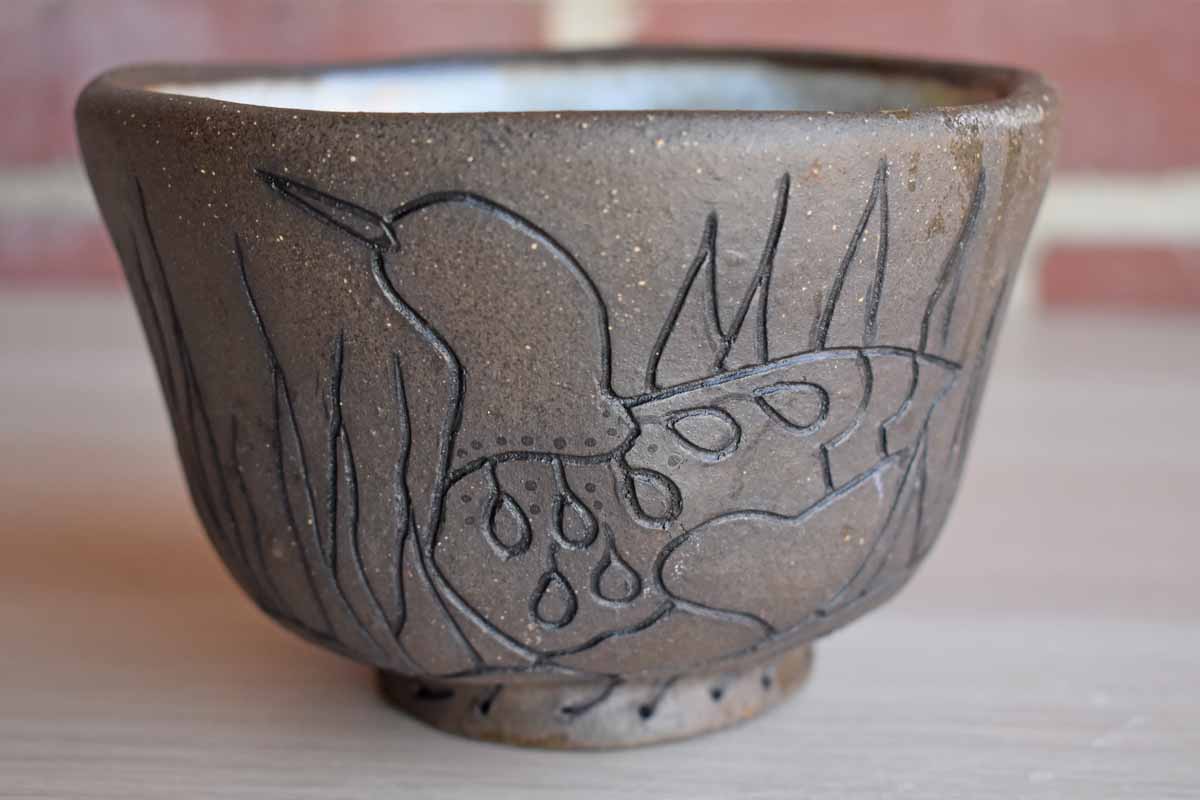 Stoneware Bowl with Primitive Incised Bird Designs