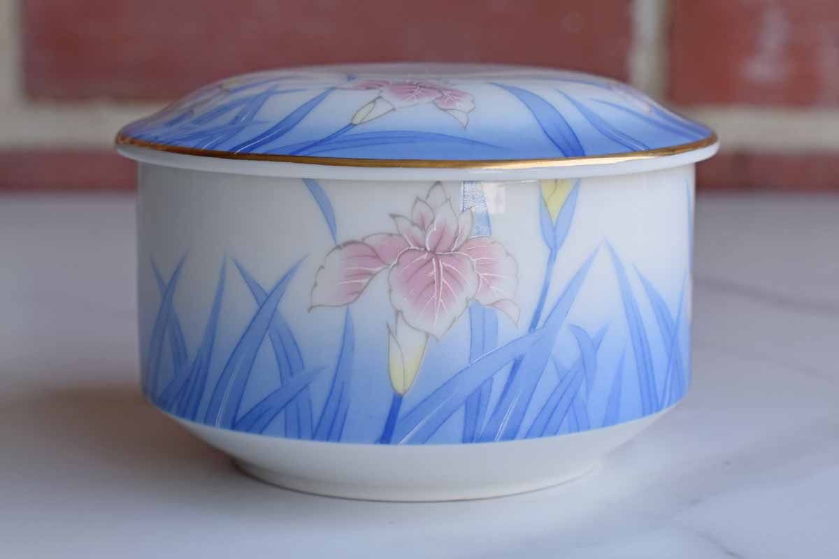 Otagiri Merchantile Company (Japan) Ceramic Box with Pink and Purple Iris and Blue Grass